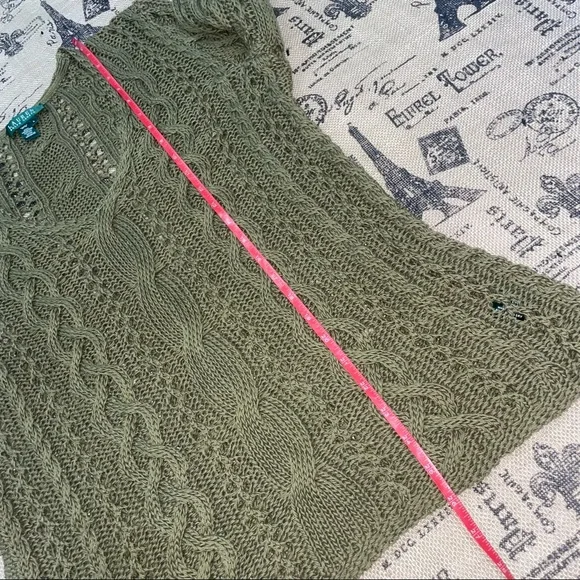 Lauren Ralph Lauren Olive Green Mercerized Cotton Crochet Eyelet V Neck Sweater - Picture 12 of 13